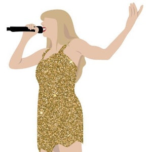 May include: Illustration of a person singing into a microphone, wearing a gold glitter dress and boots. The person is holding a black microphone and has one arm raised. The background is white.