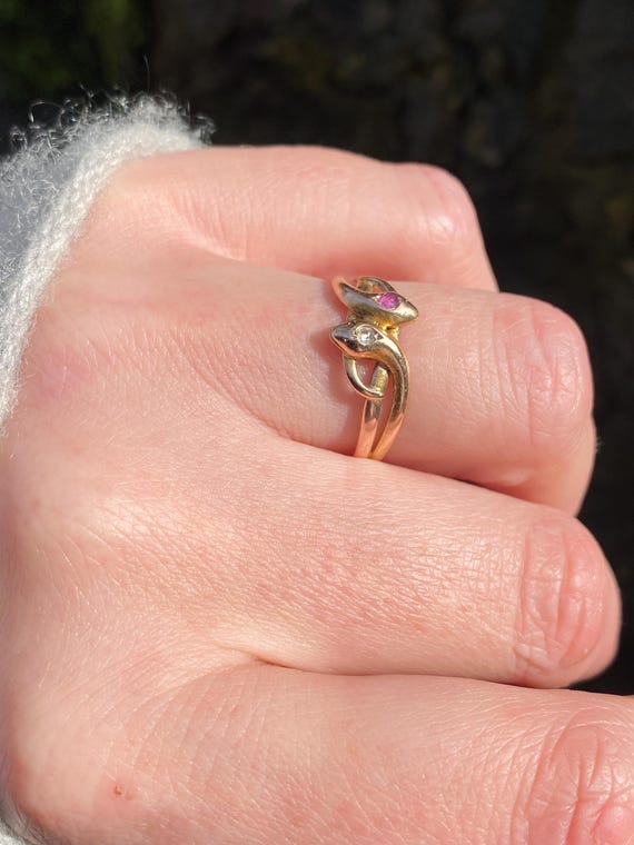 Antique ~ Ruby Diamond Double Snake Ring ~ 14ct g… - image 5