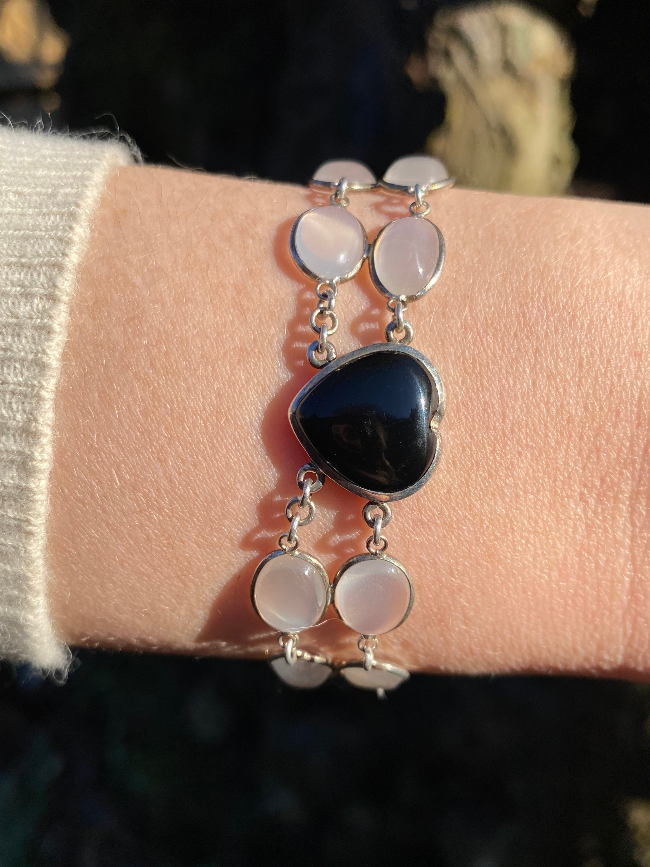 Vintage ~ Silver Moonstone Bracelet With Onyx Heart 7 Inches