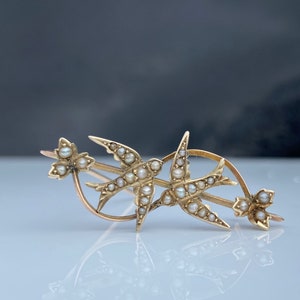 Antique ~ 9ct Gold ~ Pearl Swallow  Brooch