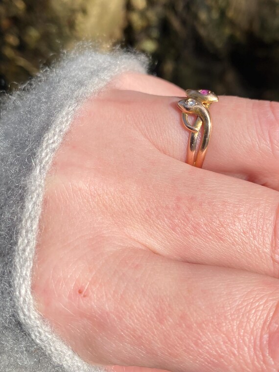 Antique ~ Ruby Diamond Double Snake Ring ~ 14ct g… - image 6