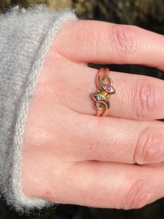 Antique ~ Ruby Diamond Double Snake Ring ~ 14ct g… - image 13
