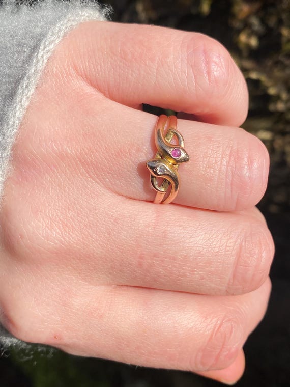 Antique ~ Ruby Diamond Double Snake Ring ~ 14ct g… - image 10