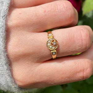 Antique ~ Pearl and Diamond Set Crescent and Star Band ~ 22ct gold ~ size S.5 / 9.25