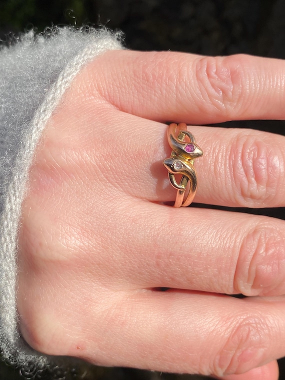 Antique ~ Ruby Diamond Double Snake Ring ~ 14ct g… - image 15
