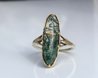 Antique ~ Victorian ~ Moss Agate ~ 10ct 10k Gold Ring ~ size UK Q or US 8