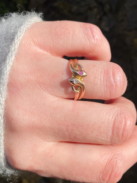 Antique ~ Ruby Diamond Double Snake Ring ~ 14ct g… - image 9