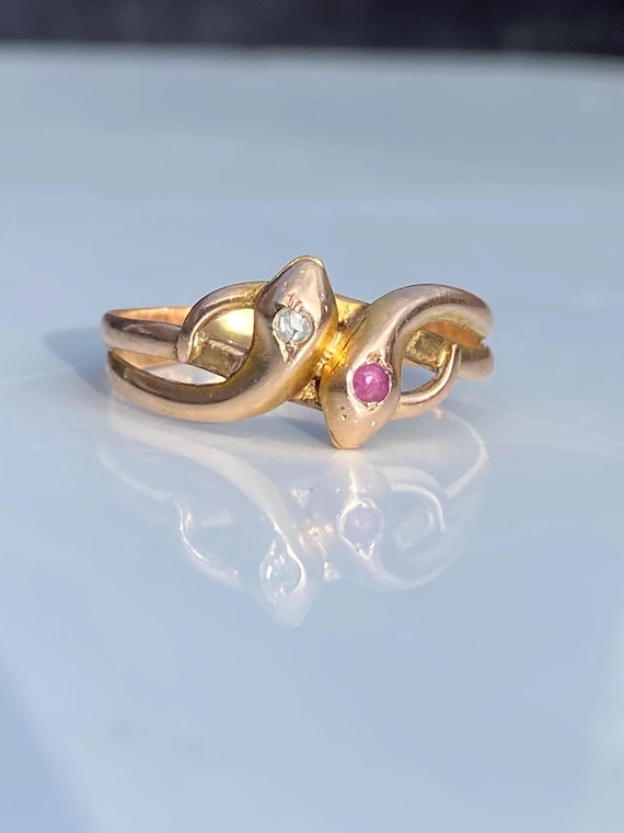 Antique ~ Ruby Diamond Double Snake Ring ~ 14ct g… - image 4