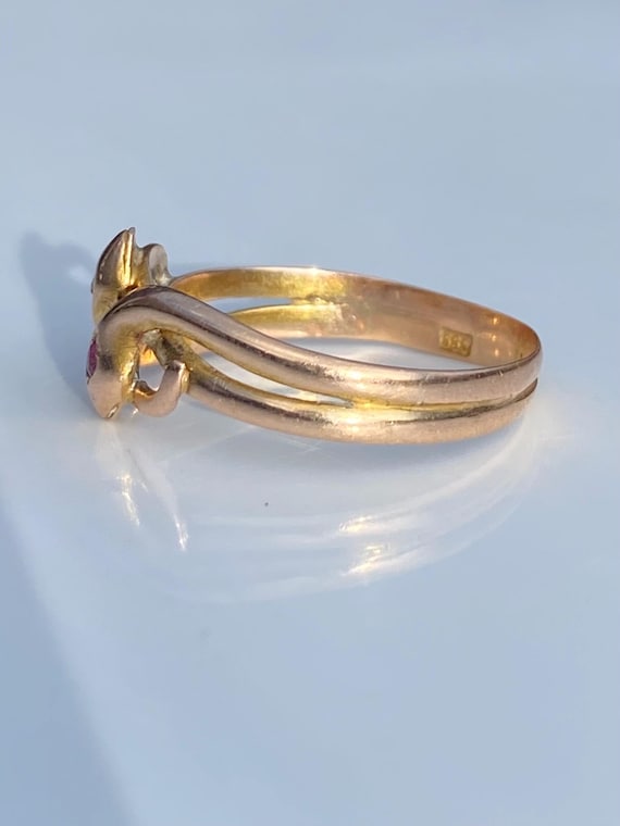 Antique ~ Ruby Diamond Double Snake Ring ~ 14ct g… - image 2