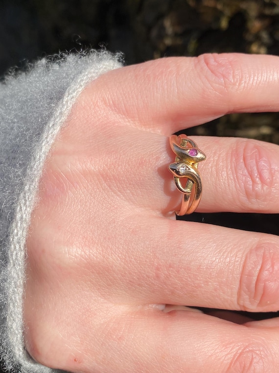 Antique ~ Ruby Diamond Double Snake Ring ~ 14ct g… - image 11