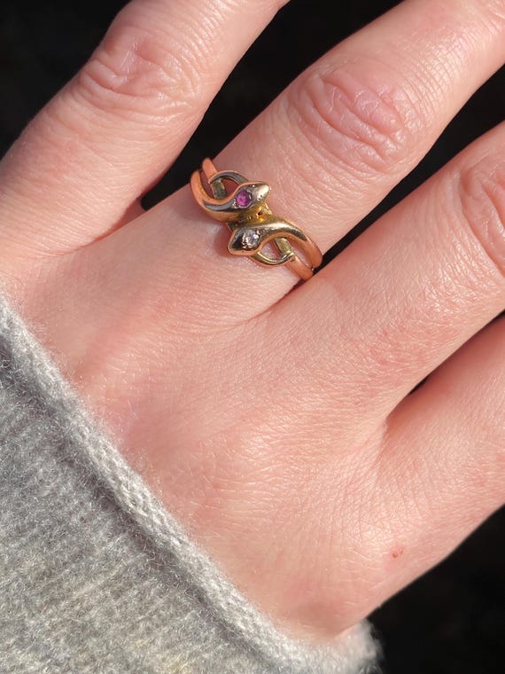 Antique ~ Ruby Diamond Double Snake Ring ~ 14ct g… - image 14