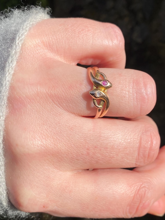 Antique ~ Ruby Diamond Double Snake Ring ~ 14ct g… - image 7
