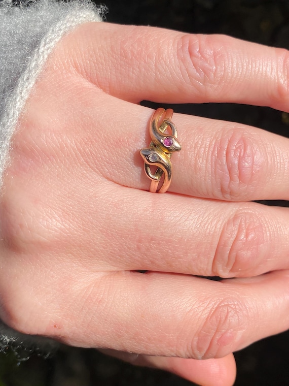 Antique ~ Ruby Diamond Double Snake Ring ~ 14ct g… - image 8