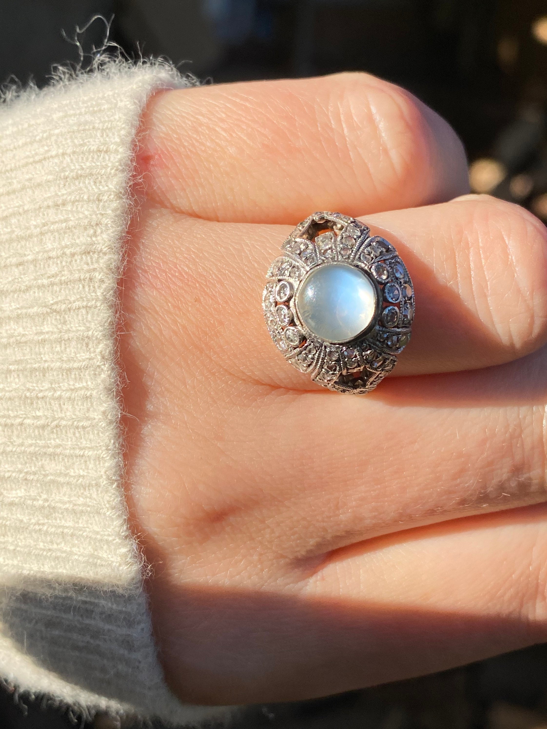 Antique ~ Vintage Diamond & Moonstone Gold Ring Size UK P Usa 7.5 Cluster