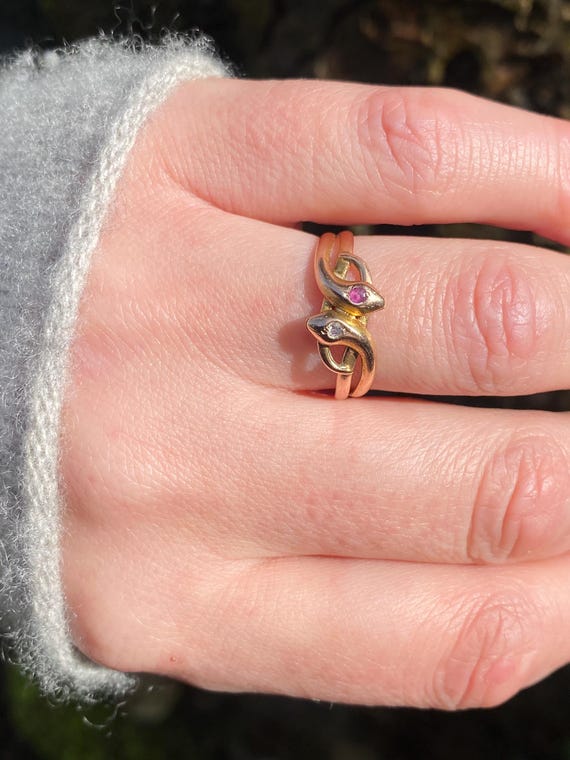 Antique ~ Ruby Diamond Double Snake Ring ~ 14ct g… - image 12