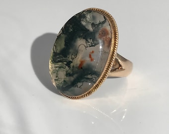 Antique ~ Victorian ~ Moss Agate ~ 10ct 10k Gold Ring ~ size UK Q or US 8