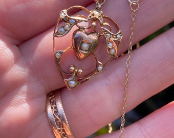 Antique ~ 9ct Rose Gold ~ Heart Pendant with Seed Pearls