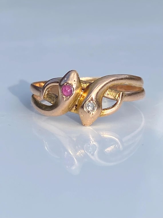 Antique ~ Ruby Diamond Double Snake Ring ~ 14ct g… - image 1