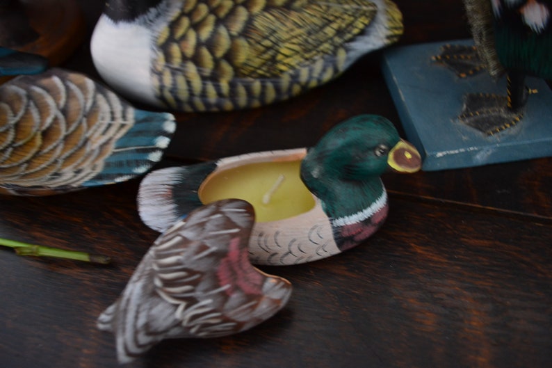 wooden period of the 1980s. rustic farm d\u00e9cor The set of 4 ceramic ducks Drawing by hand
