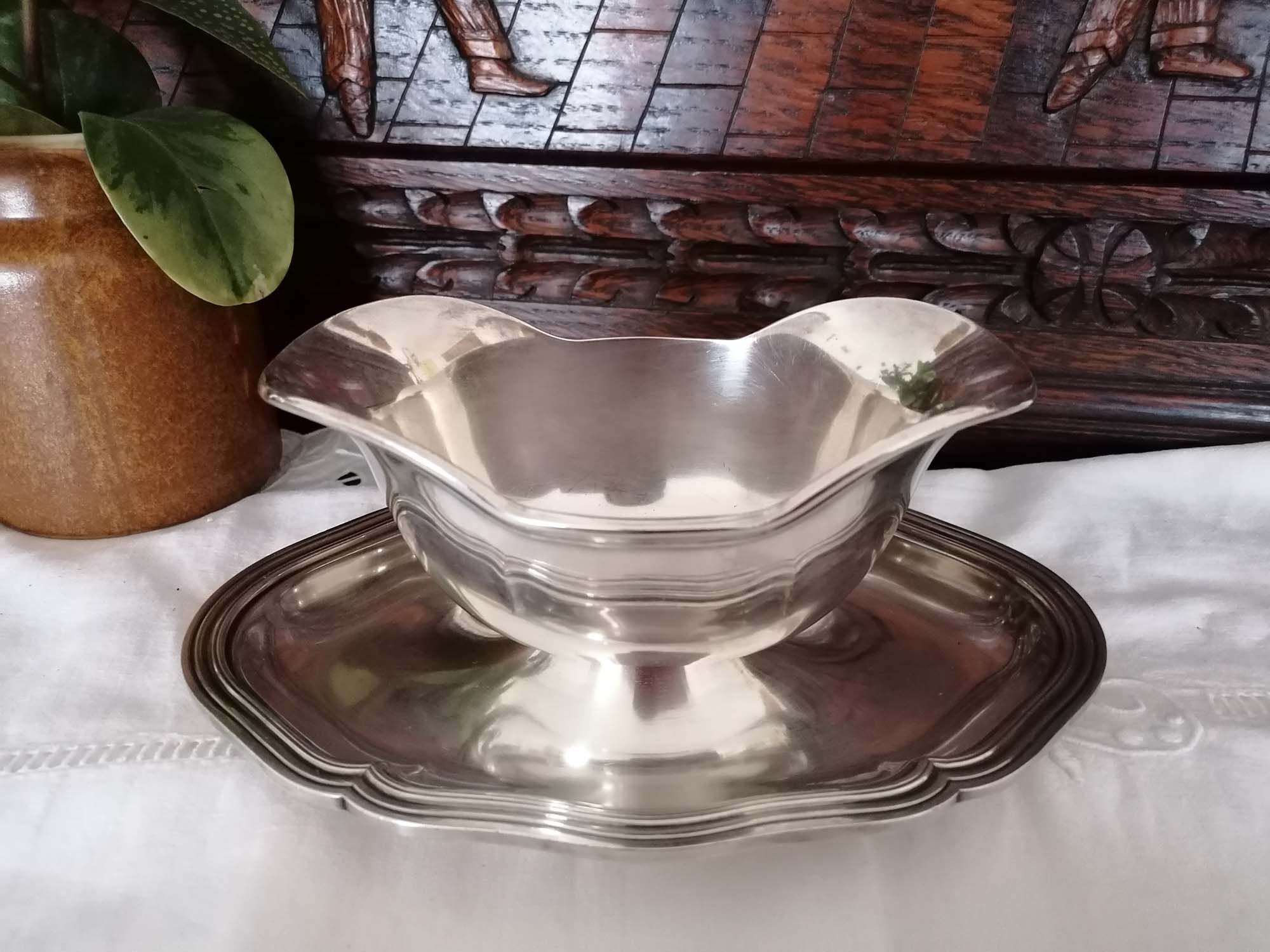 Vintage Saucière Française en Bronze Argenté.bateau Lux à Sauce de La Table.saucière Fixée sur Plaqu