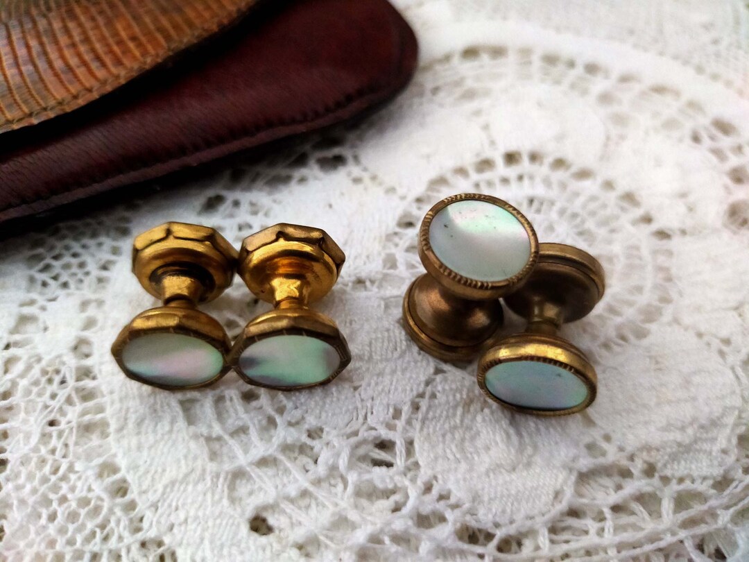 Boutons De Manchette Anciens - Nacre Et Métal Doré - Style Vintage - Occasion