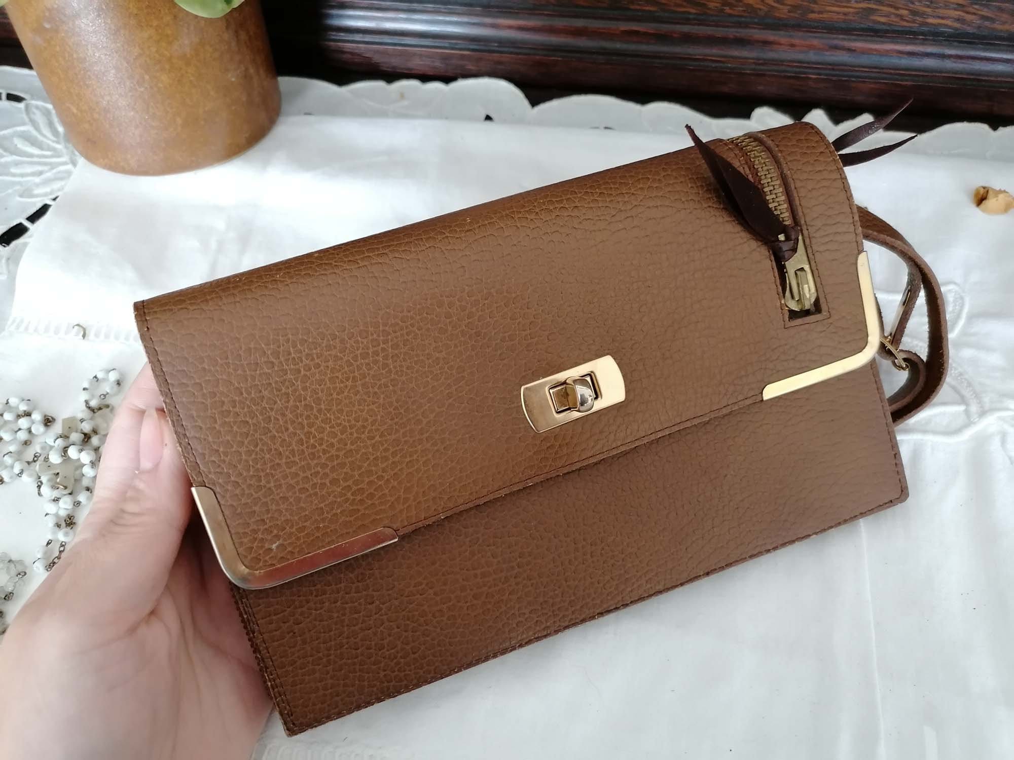 Sac à Main Vintage En Cuir Marron, Grand Format, Anse Refaite, Superbe