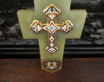 Vintage French stoup. Old holy water font, Lourdes white metal frame, Acrylic plaque, religious wall object, Traditional souvenir.