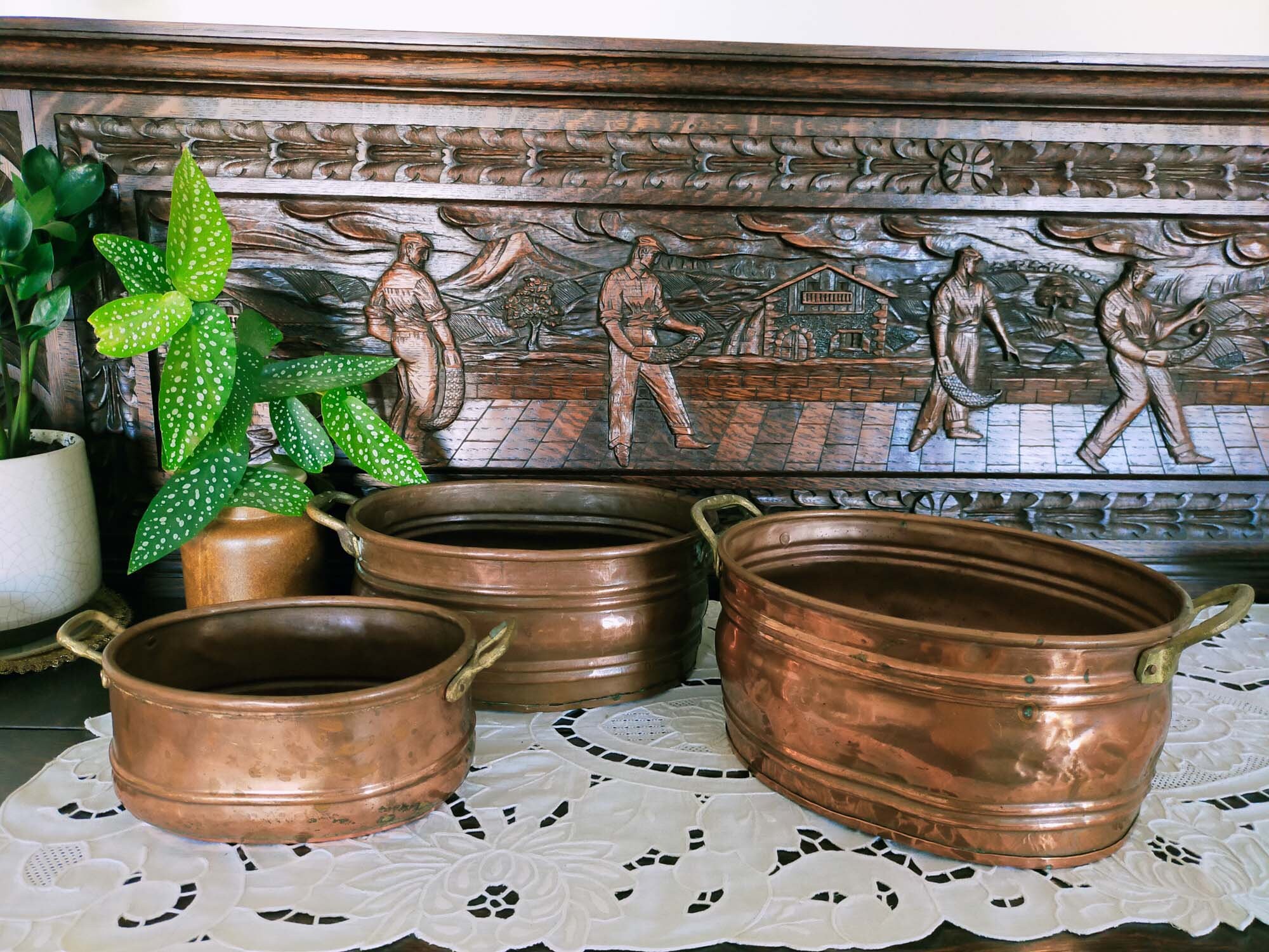 Série de 3 Anciens Pots Fleurs en Cuivre, Forgée Par Main.vintage Rustique Village, Ferme Française 