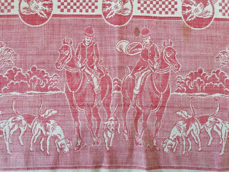Checkered pattern and main deer Very detailed table Old French cotton tablecloth around Hunting scene pattern Vintage 191020s.