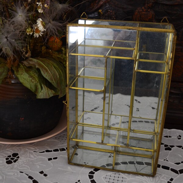 The old curio wall hanging showcase, glass and brass. Vintage from the late 19th/early 20th century. Storage for special collectables.