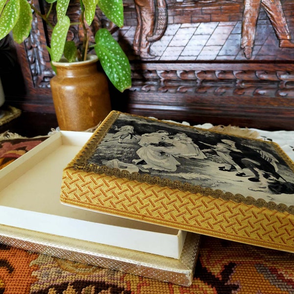 Vintage Boîte à chocolat,Boîte de bijoux cher.Tableau en soie tissée de Saint-Étienne.élégant déco LUX de l'empire.Souvenir traditionnelle.