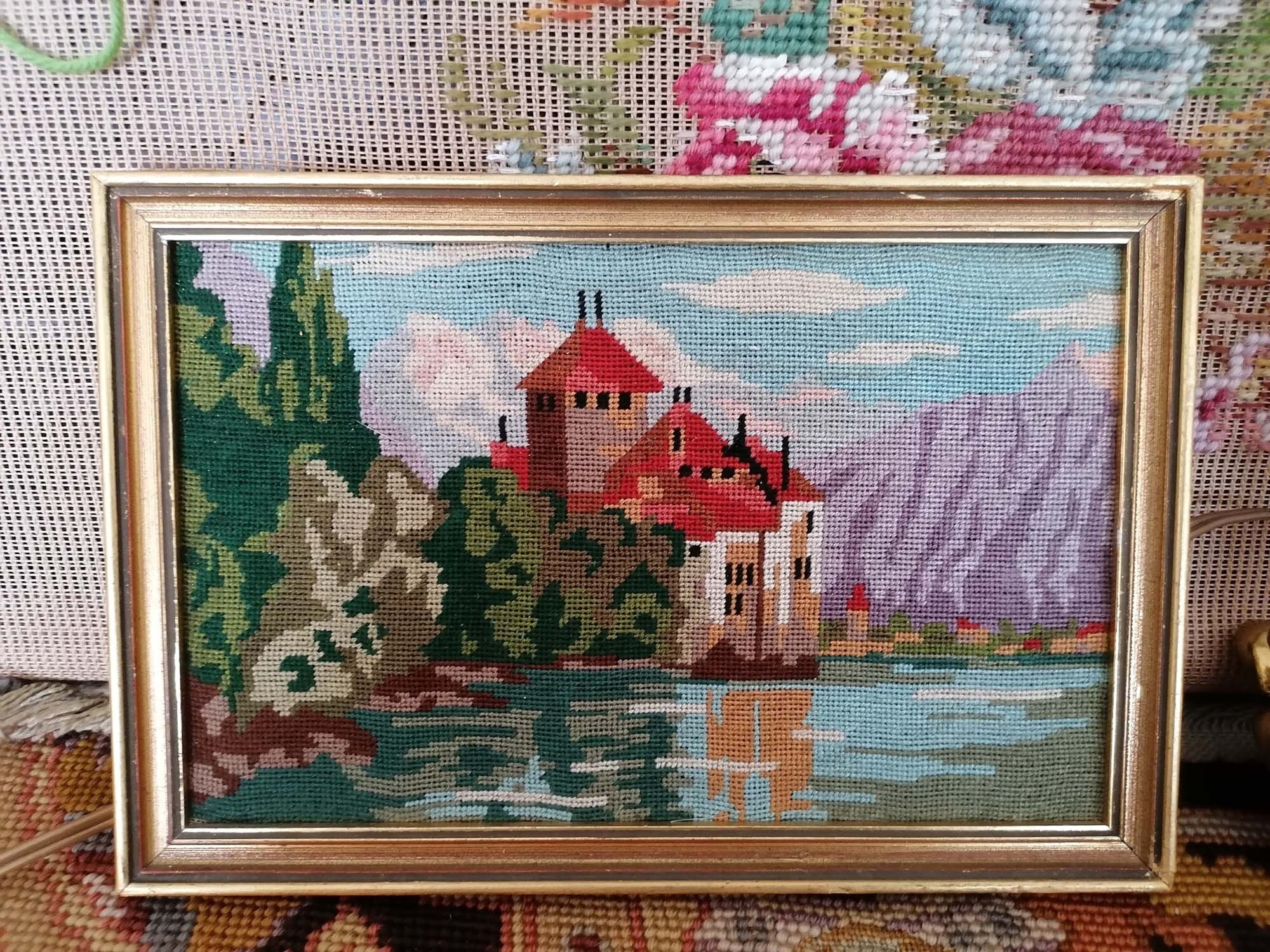 Antique Tableau Rectangle Au Point de Croix Très Fin.en Fil Coton.conçu Un Paysage Français.travail 