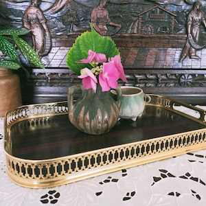 Vintage Oval Serving Tray,Italian Lux Sorrento Carrier,Brass Frame,Inlaid Burl Serving Trolley,Tea Cart,A04