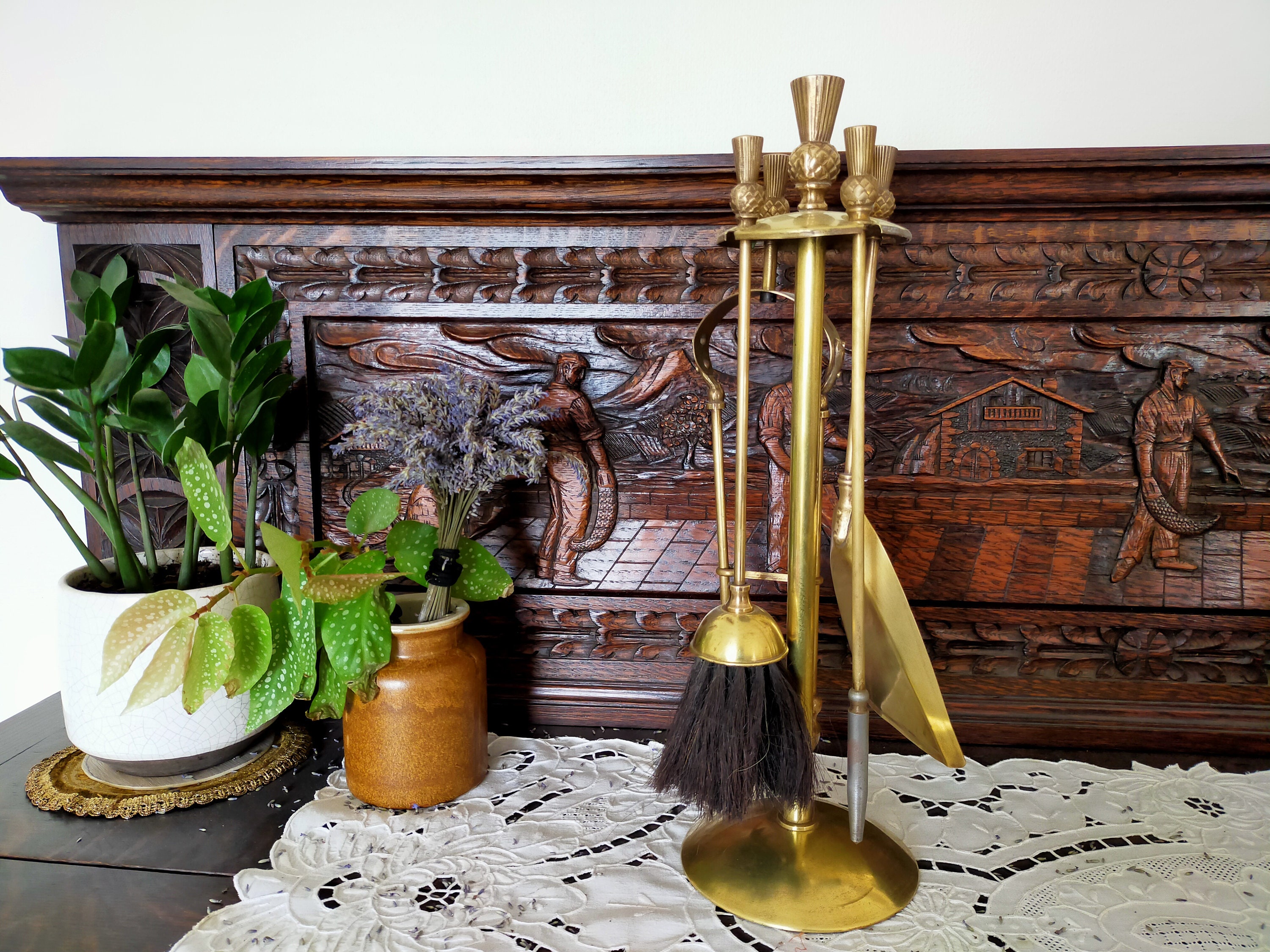 Ancenne Série Des Outils de Cheminée en Laiton, Vieilli Ensemble, Cintre Canne ou Parapluie, Stand F