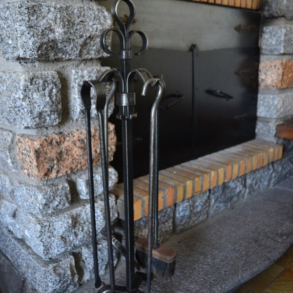 Ancenne series of Iron Chimney Tools, aged together handmade, cane or umbrella, fire stand.