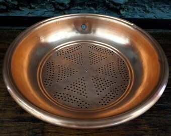 Vintage copper colander, traditional French cuisine. Bread basket, Brass hanging hook. Souvenir of traditional life. A04