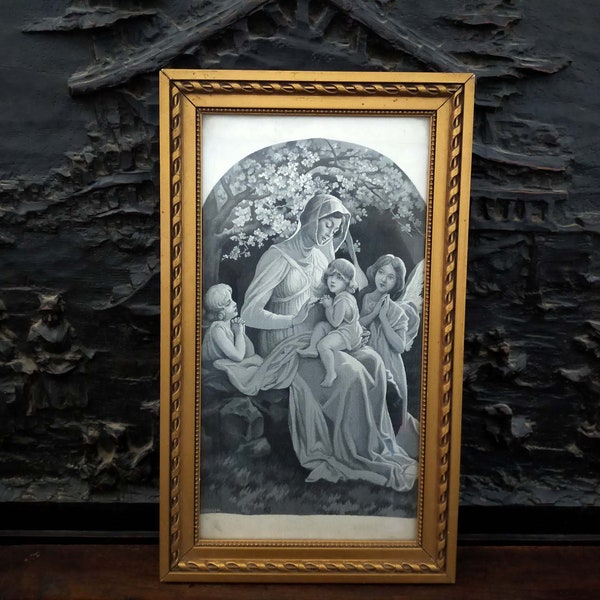 Vintage tableau mural Français,image en soie tissé Lyon,La vierge avec l'enfant,cadre en plâtre doré,bois,Souvenir de vie traditionnelle.