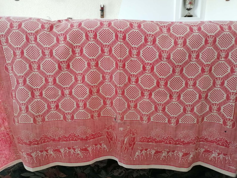 Checkered pattern and main deer Very detailed table Old French cotton tablecloth around Hunting scene pattern Vintage 191020s.