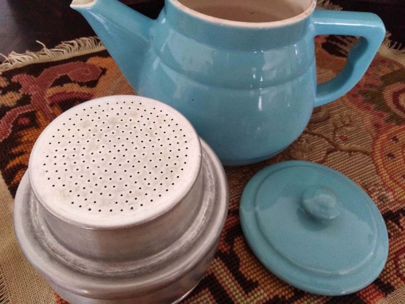 Vintage Coffee Pot,Vintage French porcelain rustic kettle in a farm kitchen,Art Nouveau Fran\u00e7ais.Vintage of the 1920s