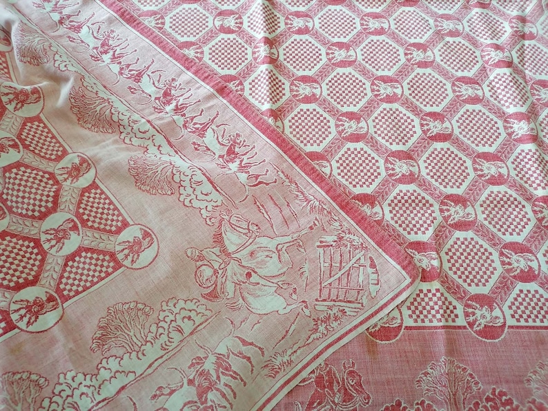 Checkered pattern and main deer Very detailed table Old French cotton tablecloth around Hunting scene pattern Vintage 191020s.