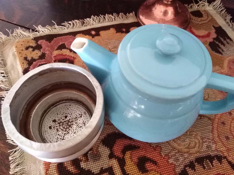 Vintage Coffee Pot,Vintage French porcelain rustic kettle in a farm kitchen,Art Nouveau Fran\u00e7ais.Vintage of the 1920s