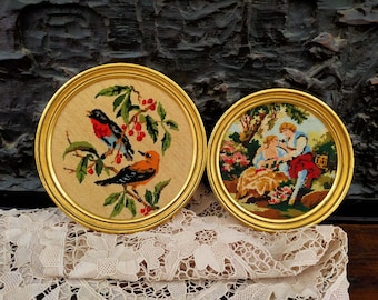 Vintage round painting with very fine cross stitch. Fabric art in cotton thread, love theme, Birds, exquisite work. Traditional souvenir.
