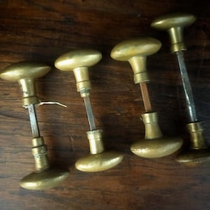 Peut inclure: Cinq boutons de porte en laiton antique avec des plaques ovales et une tige longue et fine. Les boutons sont disposés en rangée sur une surface en bois.