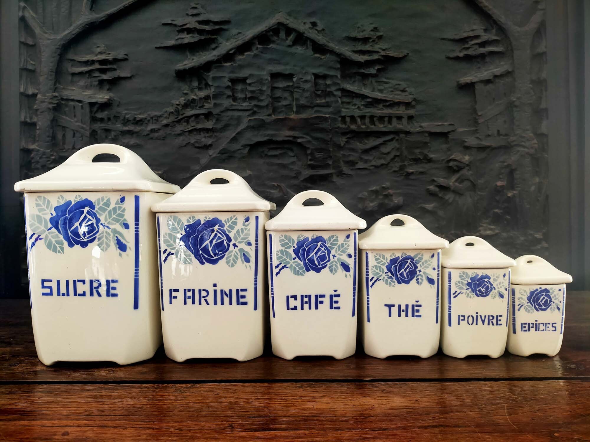 Série de 6 Pot à Épices en Faïence, Vintage Pour Assaisonnement.ferme Français Rustique, Cuisine Fra