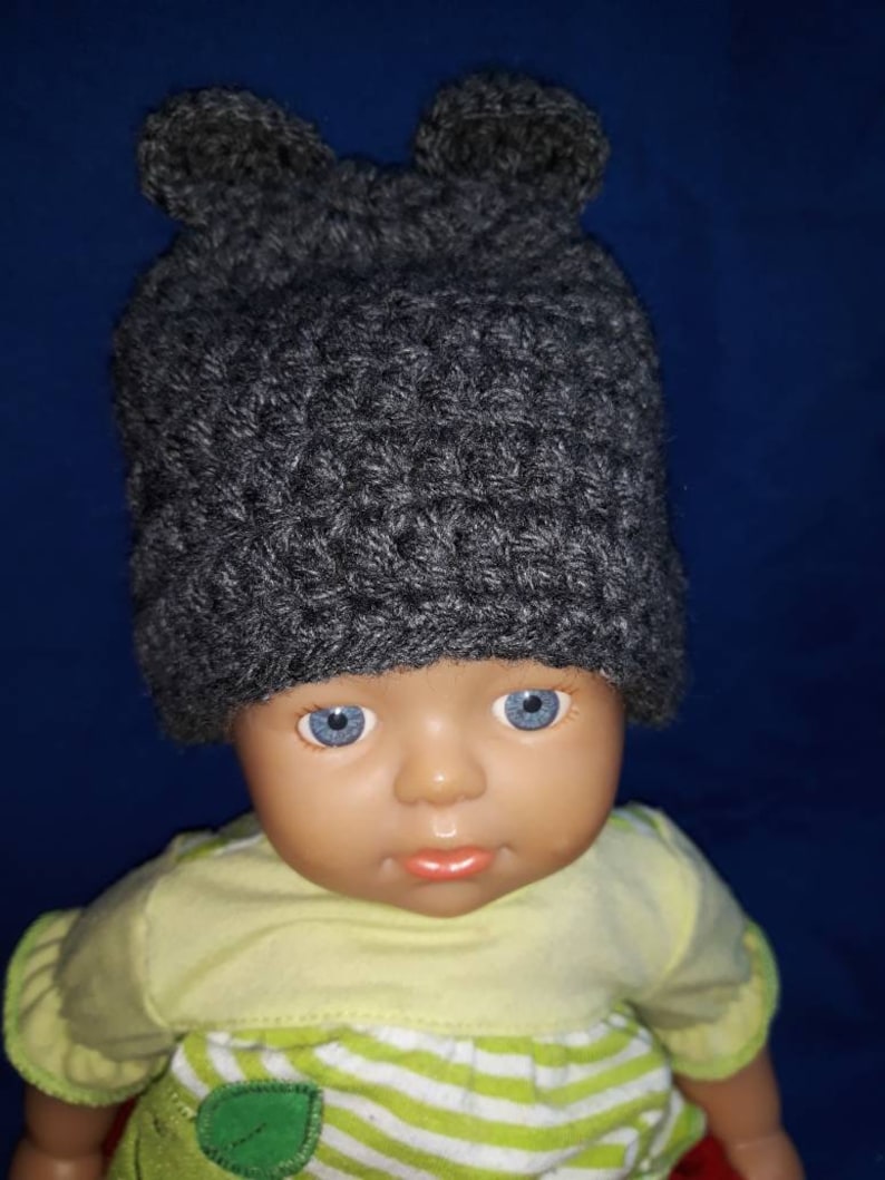 Black Babyhat with bear ears preemie newborn toddler size newborn photo prop baby photo prop customizing possible black baby bearhat