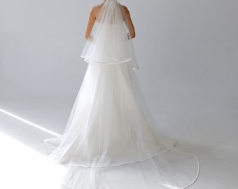 Two Tier Soft Tulle Bridal Veil with Satin Edge, Elegant Simple Wedding Cathedral Veil