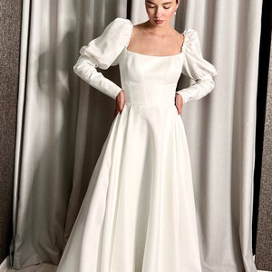 Robe de mariée modeste à manches longues, robe de mariée d&#39;hiver avec poches et col carré, robe minimaliste, robe de mariée en satin aline