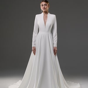 A-Line high collar wedding dress, Crepe wedding dress, Modest wedding dress, Long sleeve dress Erika
