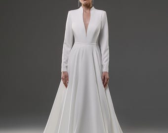 Abito da sposa a trapezio con collo alto, abito da sposa in crêpe, abito da sposa sobrio, abito a maniche lunghe Erika
