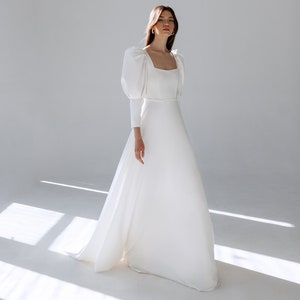 Modest Wedding Dress, Elegant Crepe A-line Wedding Dress, Long Sleeves Bridal Gown, Simple Wedding Dress Faith